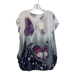 Ace Fashion Butterfly Print Short Sleeve Shirt Top Womens Small Gray Pink New